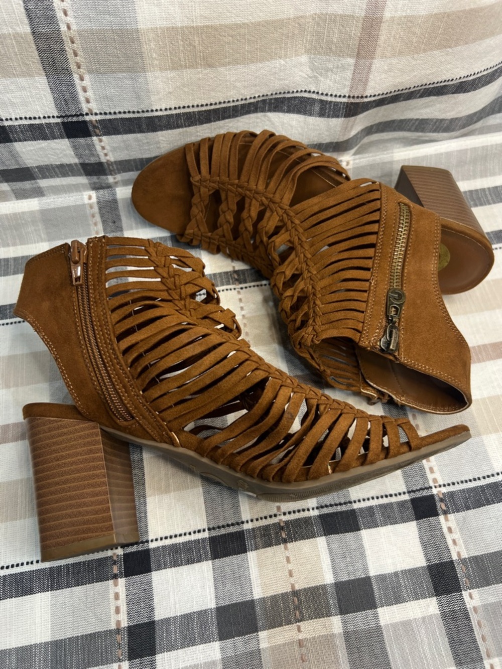 GUESS Brown Suede Strappy Block Heel Sandals
